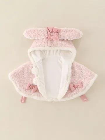Toddler Girls Winter Plush Hooded Cloak Rabbit Ear Bowknot Faux Fur Thick Warm Cape For Baby Autumn Outing Pink Outerwear