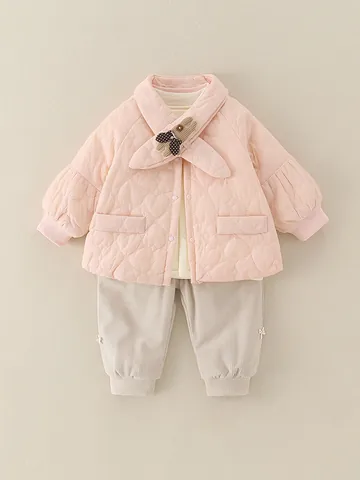 Baby Meisje Hart Doorgestikte Jas Cardigan En Broek Kledingset Met Konijnenpop Patch Peuter Winter Warm Outfit
