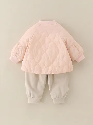 Baby Meisje Hart Doorgestikte Jas Cardigan En Broek Kledingset Met Konijnenpop Patch Peuter Winter Warm Outfit