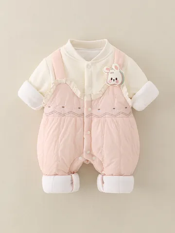 Baby Meisjes Winter Strampler Gewatteerd Nep Gelaagde Stijl Lange Mouw Gevoerd Body Zoet Konijn Bloemen Borduurwerk Warm Herfst Jumpsuit