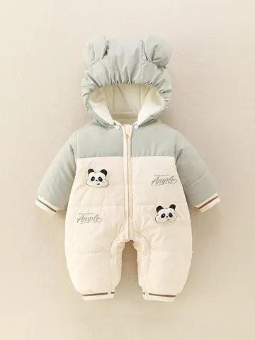 Padded Baby Winter Romper Panda Cartoon Hooded Jumpsuit For Newborn Boys Thick Warm Fleece Lined Infant Outwear Sleepsuit