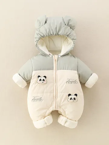 Padded Baby Winter Romper Panda Cartoon Hooded Jumpsuit For Newborn Boys Thick Warm Fleece Lined Infant Outwear Sleepsuit