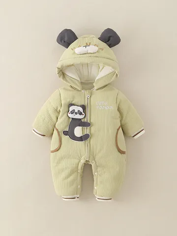 Infant Panda Hooded Romper Thickened Quilted Fleece Jumpsuit Winter Warm Outdoor Bodysuit For Baby Boys Girls Outerwear