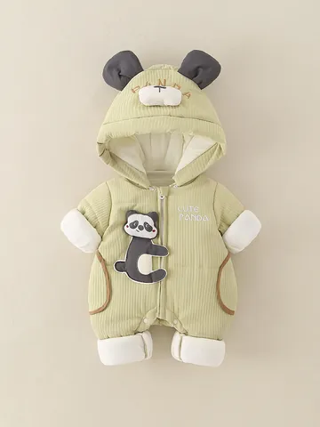 Infant Panda Hooded Romper Thickened Quilted Fleece Jumpsuit Winter Warm Outdoor Bodysuit For Baby Boys Girls Outerwear