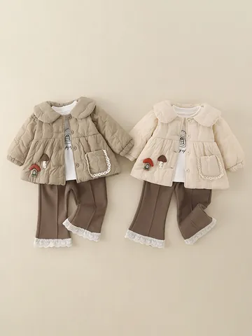 Ropa de Invierno para Niña Pequeña Conjunto Acolchado Engrosado Cálido Chaqueta Camiseta Pantalones Estilo Coreano Lindo Patrón de Champiñón Ropa