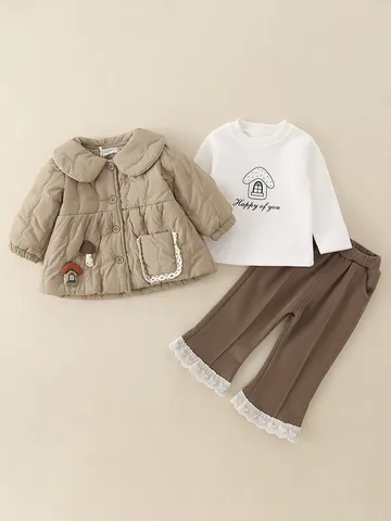 Ropa de Invierno para Niña Pequeña Conjunto Acolchado Engrosado Cálido Chaqueta Camiseta Pantalones Estilo Coreano Lindo Patrón de Champiñón Ropa