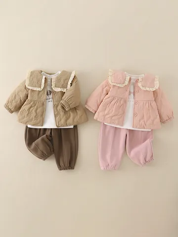 Baby Girl Winter Thickened Quilted Jacket Ruffle Collar Long Sleeve Top And Pants Outfit Pink Khaki Warm Fleece Lined Clothing