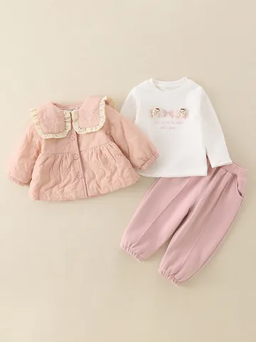 Baby Girl Winter Thickened Quilted Jacket Ruffle Collar Long Sleeve Top And Pants Outfit Pink Khaki Warm Fleece Lined Clothing