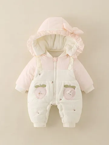 Infant Baby Girl Winter Hooded Romper Padded Quilted Jumpsuit Warm Windproof Outwear With Ruffle Bow Rabbit Embroidery Romper