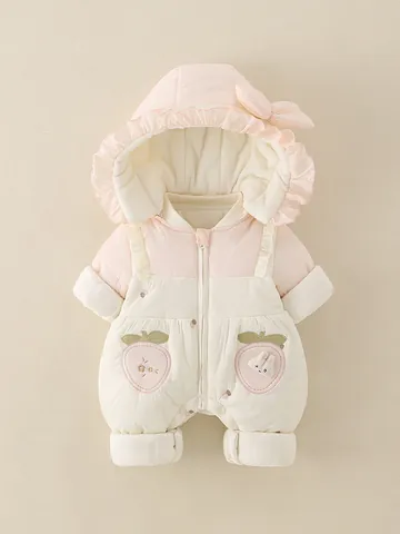 Infant Baby Girl Winter Hooded Romper Padded Quilted Jumpsuit Warm Windproof Outwear With Ruffle Bow Rabbit Embroidery Romper