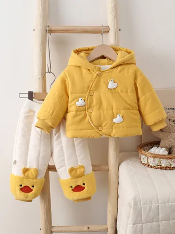 Infant Toddler Winter Quilted Warm Outfit Hooded Jacket And Pants Cute Duck Cartoon Thickened Thermal Apparel For Boys Girls