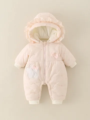 Newborn Baby Girl Winter Thickened Hooded Romper Warm Fleece Quilted Jumpsuit Sweet Flower Embroidery Bow Clothing For Infants