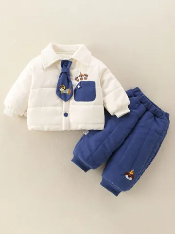 Tenue d'Hiver Rembourrée Matelassée pour Bébé Garçon Veste Et Pantalon Broderie Chien de Dessin Animé Vêtements Décontractés