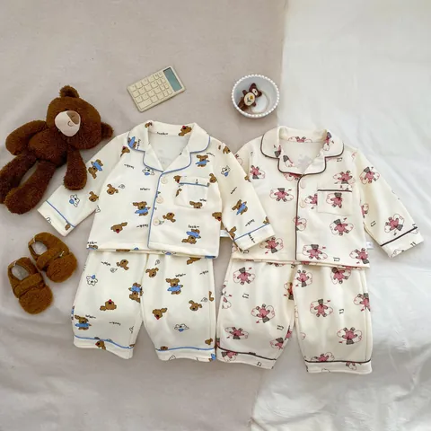 Pigiama da Neonato Ragazzo Ragazza Con Stampa Cartone Animato Orso Cane Maglia a Maniche Lunghe E Pantaloni in Misto Cotone