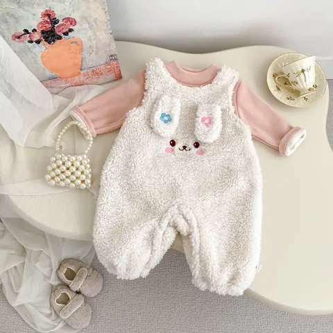Cute Rabbit Fleece Baby Jumpsuit Two Piece Set Sherpa Thickened Winter Romper Pink Undershirt Overall Infant Girls Outfit