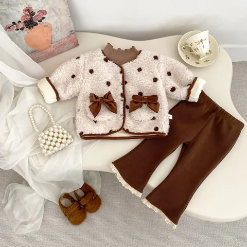 Peuter Meisjes Winter Kledingset Verdikte Lamswol Polka Dot Strik Jas Uitlopende Broek En Ruches Binnenhemd Outfit