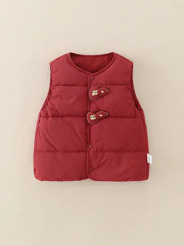 Gilet in Piumino Rosso per Neonati Capodanno Cinese Ricamo Fu Lu Zucca Trapuntato Senza Maniche Imbottito Piumino Invernale