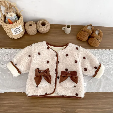 Peuter Meisjes Winter Kledingset Verdikte Lamswol Polka Dot Strik Jas Uitlopende Broek En Ruches Binnenhemd Outfit