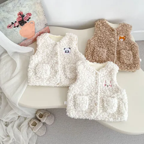 Children Winter Sherpa Fleece Vest Cartoon Rabbit Bear Panda Pattern Thickened Warm Sleeveless Jacket For Toddler Kids