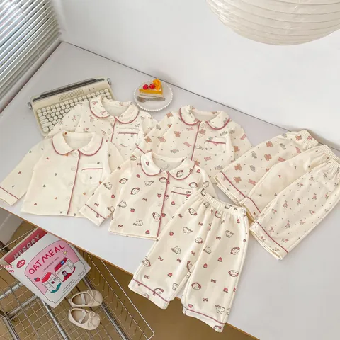 Baby Girls Cartoon Pajama Set Long Sleeve Cotton Blend Home Wear Top And Pants Heart Strawberry Print Lounge Set Nightwear