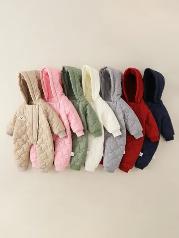 Infant Autumn Winter Quilted Hooded Romper Thickened Fleece Jumpsuit Toddler Cartoon Dog Padded Jumpsuit Warm Outerwear
