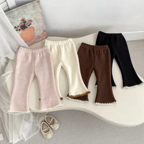 Toddler Girls Winter Fleece Lined Flare Pants Scalloped Lace Trim Elastic Waist Cotton Blend Warm Toddler Casual Trousers
