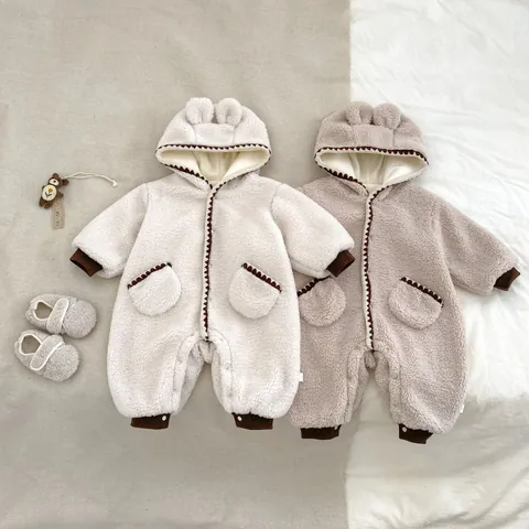 Cute Infant Sherpa Fleece Hooded Romper Bear Ear Thickened Winter Jumpsuit For Baby Boys Girls Warm Soft Fleece Lined Outfit