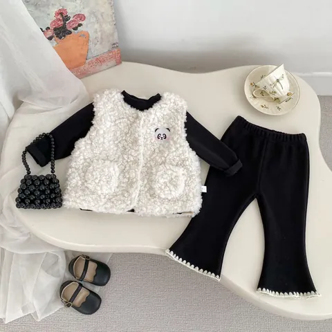 Girls Winter Fleece Lined Thickened Vest Long Sleeve Top Flared Pants Cartoon Rabbit Panda Bear Warm Toddler Clothes Set