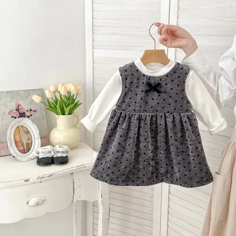 Mädchen Winter Punktiert Trägerkleid Mit Schleife Fleece Gefüttert Warm Kinder A-Linie Prinzessin Kleid Verdickte Outfits Set