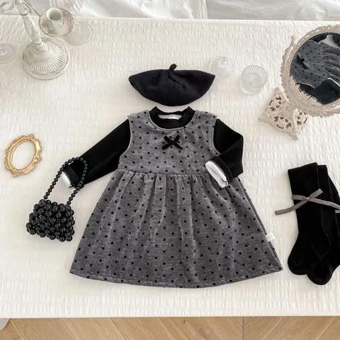 Mädchen Winter Punktiert Trägerkleid Mit Schleife Fleece Gefüttert Warm Kinder A-Linie Prinzessin Kleid Verdickte Outfits Set