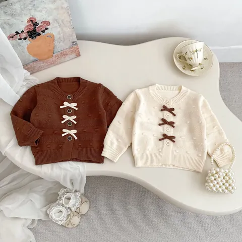 Baby Mädchen Strickjacke Schlaghose Viskosemischung Warm Langarm Outfit Schleife Rippenstrick Herbst Winter Kleidung
