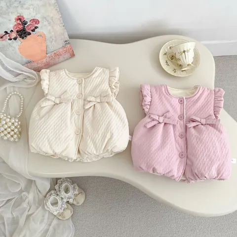 INS Baby Girl Winter Thickened Quilted Bow Vest Long Sleeve Top And Lace Trim Flare Pants Toddler Girl Winter Clothing