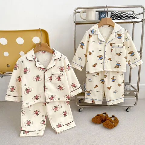 Pigiama da Neonato Ragazzo Ragazza Con Stampa Cartone Animato Orso Cane Maglia a Maniche Lunghe E Pantaloni in Misto Cotone