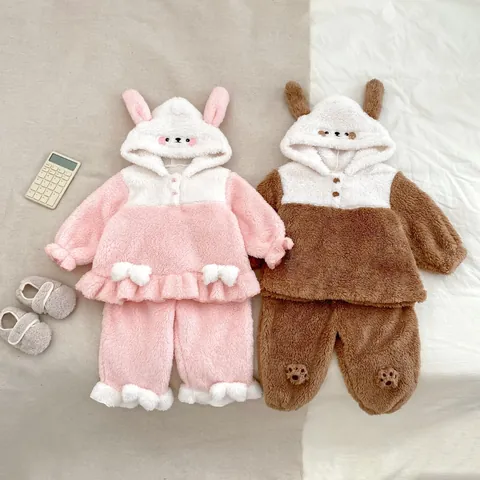 Toddler Kids Winter Thickened Coral Fleece Cartoon Pajama Top And Pants Warm Animal Hooded Homewear For Boys Girls