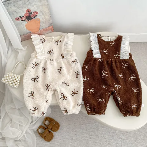 Baby Girls Winter Thickened Fleece Romper Shirt And Bow Pattern Vest Crawling Suit With Lace Trim Infant Warm Clothes