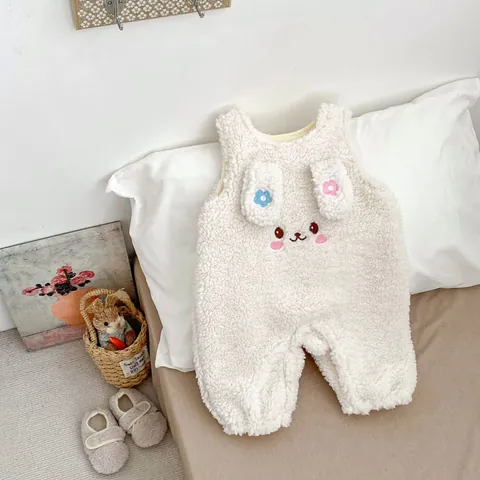 Cute Rabbit Fleece Baby Jumpsuit Two Piece Set Sherpa Thickened Winter Romper Pink Undershirt Overall Infant Girls Outfit
