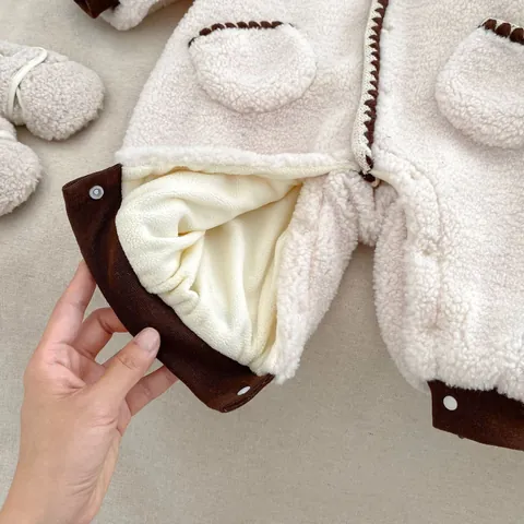 Cute Infant Sherpa Fleece Hooded Romper Bear Ear Thickened Winter Jumpsuit For Baby Boys Girls Warm Soft Fleece Lined Outfit