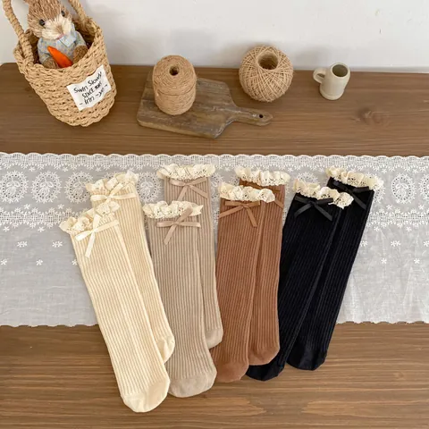 Kids Vintage Lace Mid-Calf Socks With Ribbon Bow Ribbed Cotton Breathable Socks For Toddler Girls Daily Princess Wear