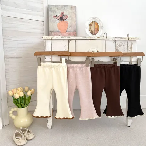 Toddler Girls Winter Fleece Lined Flare Pants Scalloped Lace Trim Elastic Waist Cotton Blend Warm Toddler Casual Trousers