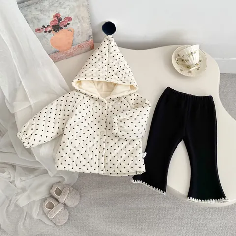 Giacca Trapuntata con Cappuccio Invernale a Pois per Neonati Cardigan Imbottito Caldo Foderato in Pile con Pompon per Bimbi e Bimbe
