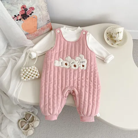 Baby Girls Winter Thickened Quilted Romper Fleece Lined Cute Rabbit Jumpsuit Newborn Warm Outfits Two Piece Set Clothing