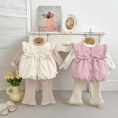 INS Baby Girl Winter Thickened Quilted Bow Vest Long Sleeve Top And Lace Trim Flare Pants Toddler Girl Winter Clothing