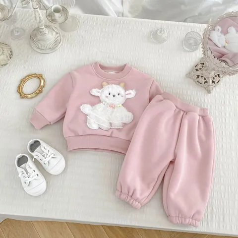 Παιδικό Σετ Χειμερινών Ρούχων με Επένδυση Fleece για Κορίτσια Χαριτωμένο Πρόβατο Ροζ Μπλούζα Και Παντελόνι Ζεστό Σύνολο
