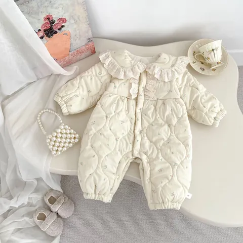 Baby Girl Winter Floral Quilted Romper Thickened Fleece Lined Jumpsuit With Lace Lapel Sweet Infant Warm One Piece Outfit