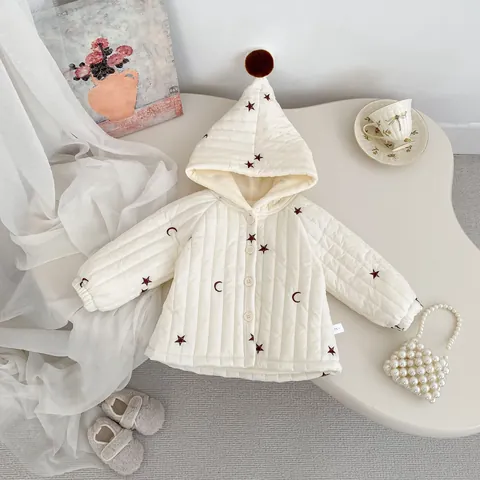 Conjunto De Invierno Para Bebé Con Chaqueta Acolchada Y Pantalones De Pana Acampanados Estampado De Luna Y Estrellas Con Capucha