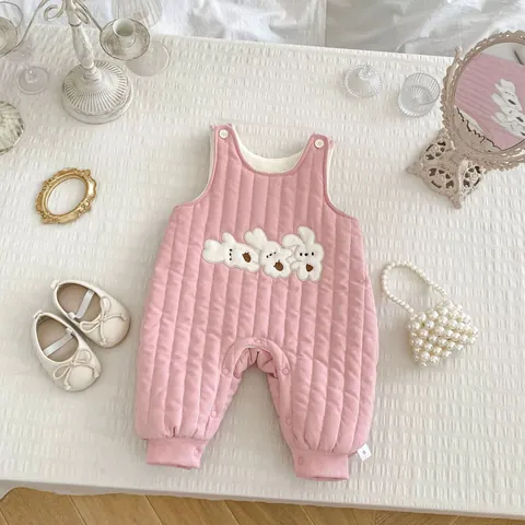 Baby Girls Winter Thickened Quilted Romper Fleece Lined Cute Rabbit Jumpsuit Newborn Warm Outfits Two Piece Set Clothing