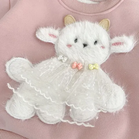 Παιδικό Σετ Χειμερινών Ρούχων με Επένδυση Fleece για Κορίτσια Χαριτωμένο Πρόβατο Ροζ Μπλούζα Και Παντελόνι Ζεστό Σύνολο