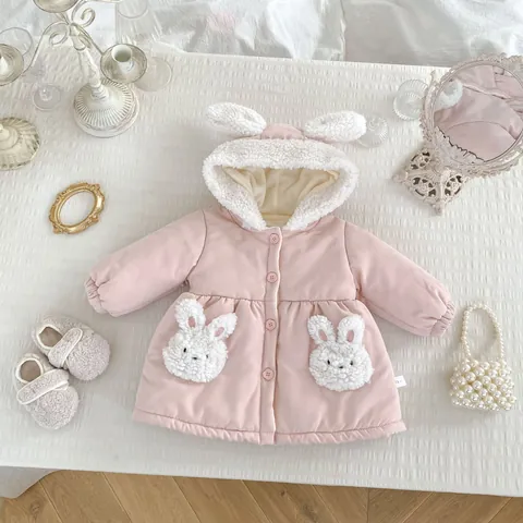 Baby Girl Winter Padded Coat Thick Fleece Lined Hooded Rabbit Ear Jacket Warm Outdoor Clothing For Infants Toddlers Pink