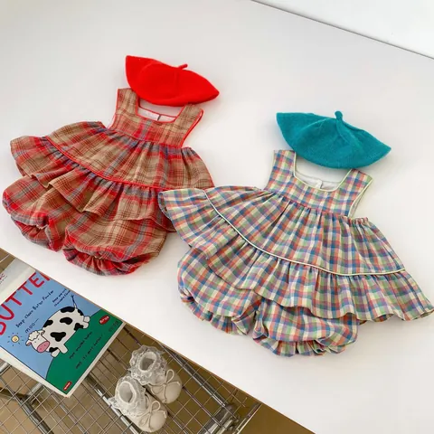 Baby Girls Summer Cotton Gingham Tank Top And Bloomers Shorts Two Piece Clothing Set Korean Style Toddler Ruffle Outfit