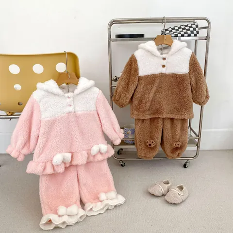 Toddler Kids Winter Thickened Coral Fleece Cartoon Pajama Top And Pants Warm Animal Hooded Homewear For Boys Girls